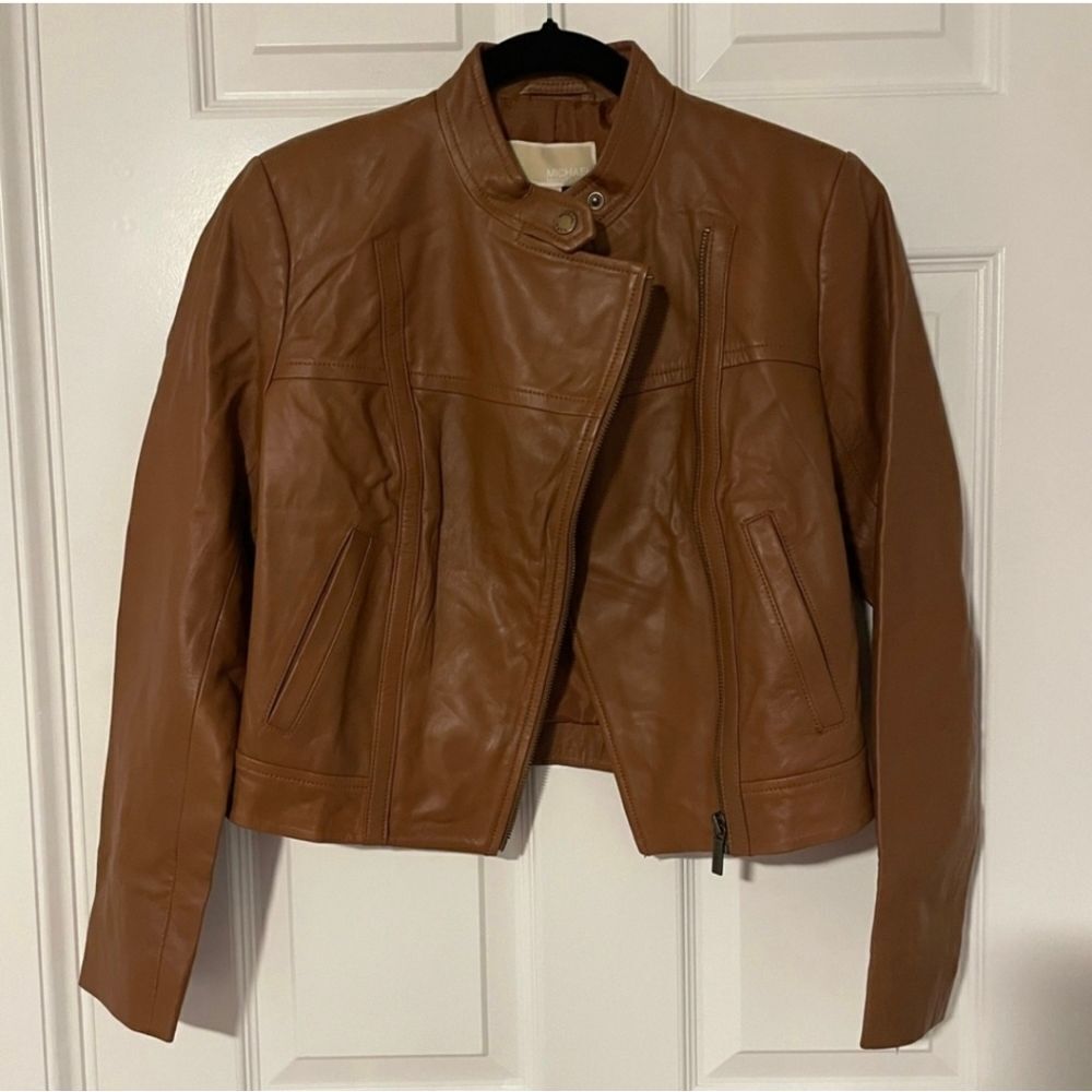 Women's Michael Kor's Genuine Leather Jacket im Camel Tan Sz Petite Small - Picture 5 of 7